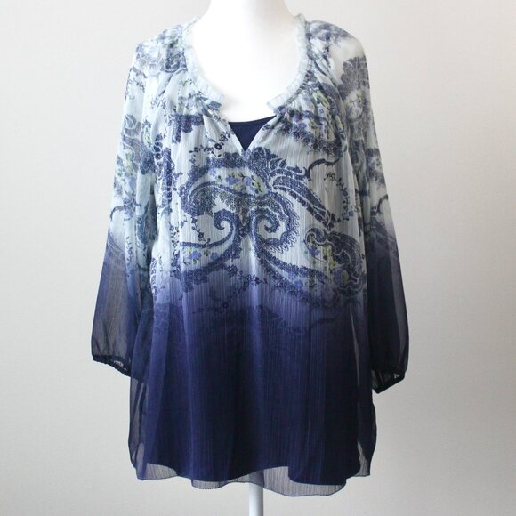 Sonoma Blue Paisley Sheer Ruffle Flowy Boho 3/4 Sleeve Peasant Blouse Large - Picture 1 of 10